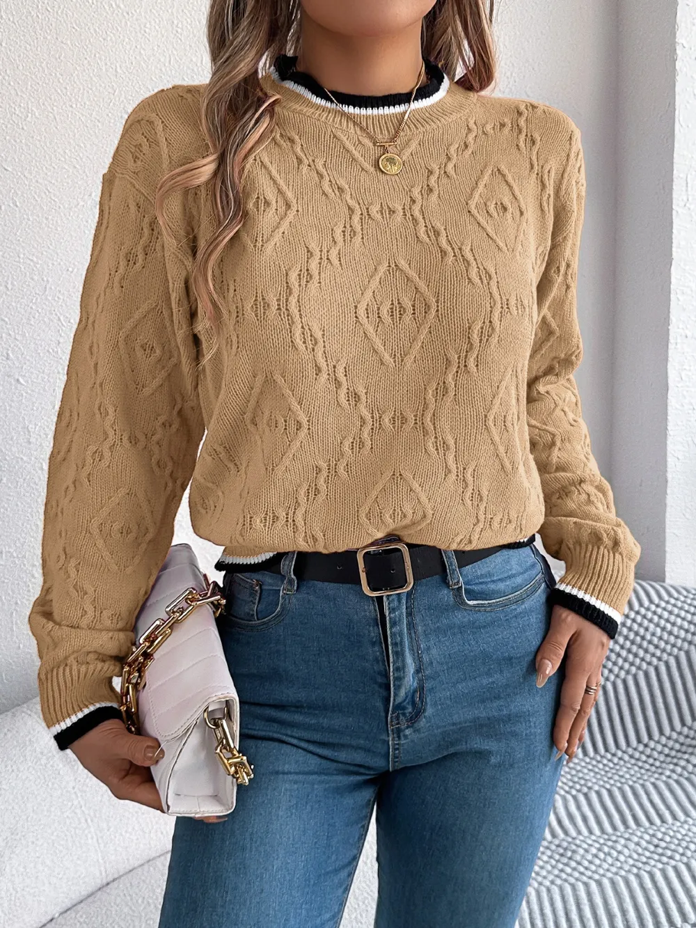 Contrast Trim Round Neck Long Sleeve Sweater, image 7