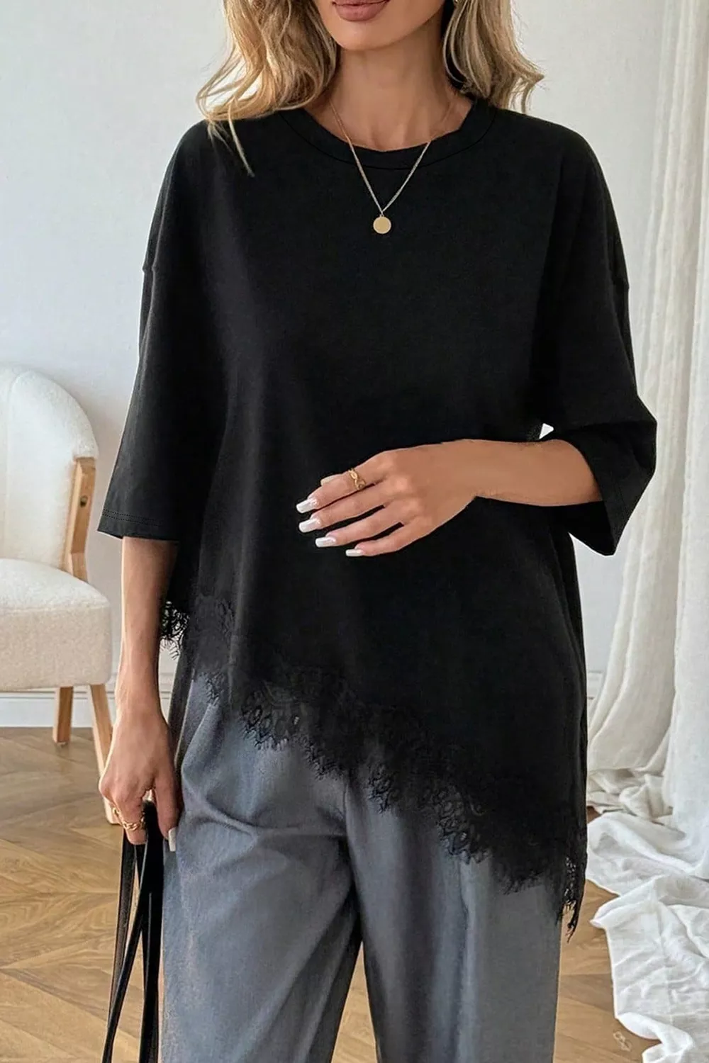 Lace Asymmetrical Hem Round Neck T-Shirt, image 3
