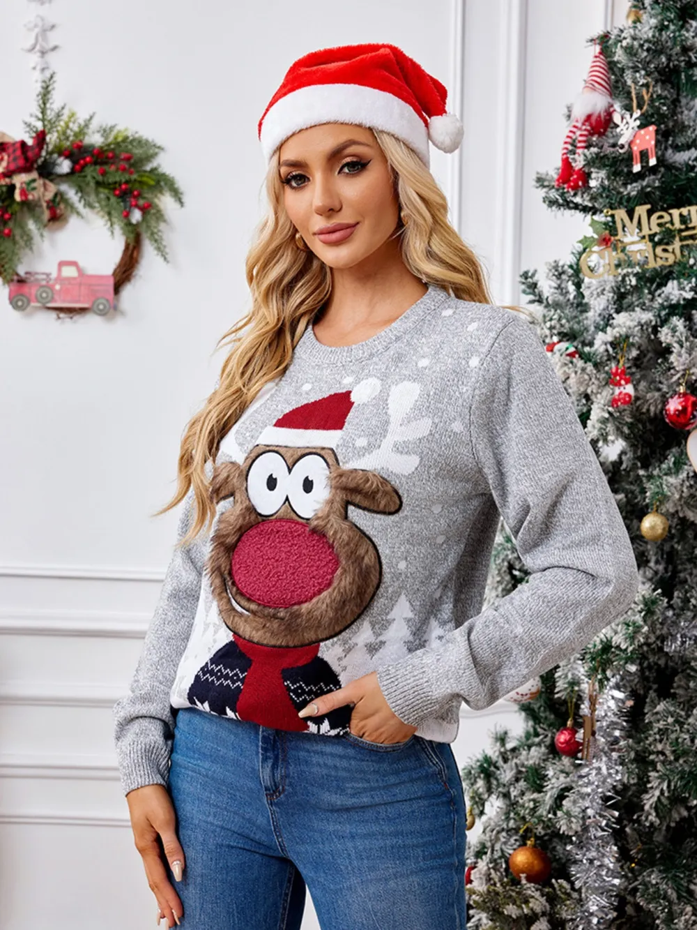 Reindeer Round Neck Long Sleeve Sweater, image 4