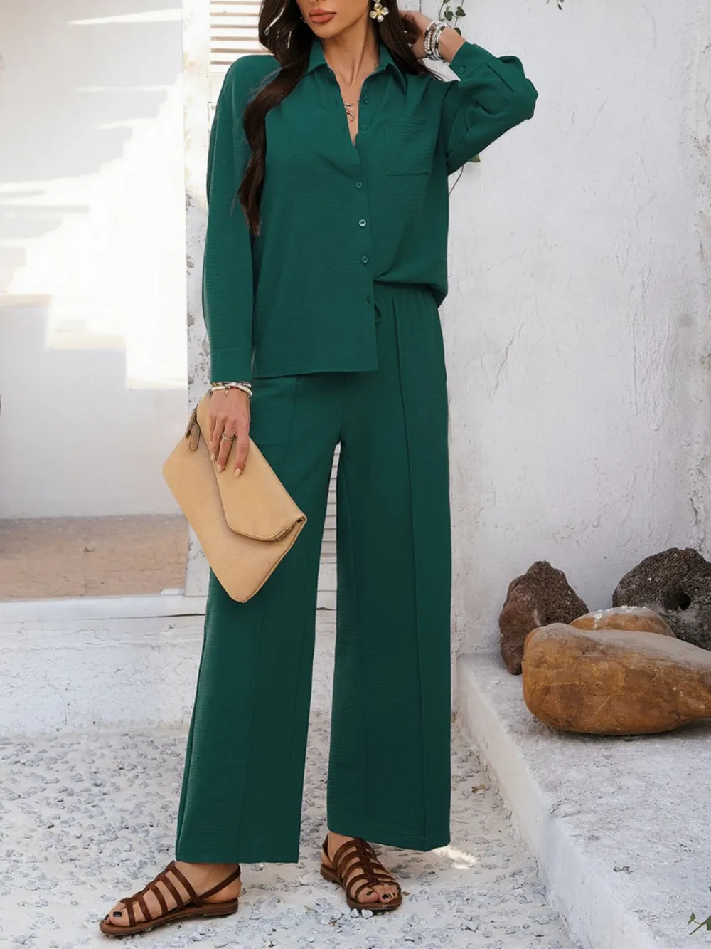 Collared Neck Long Sleeve Top and Pants Set, image 14