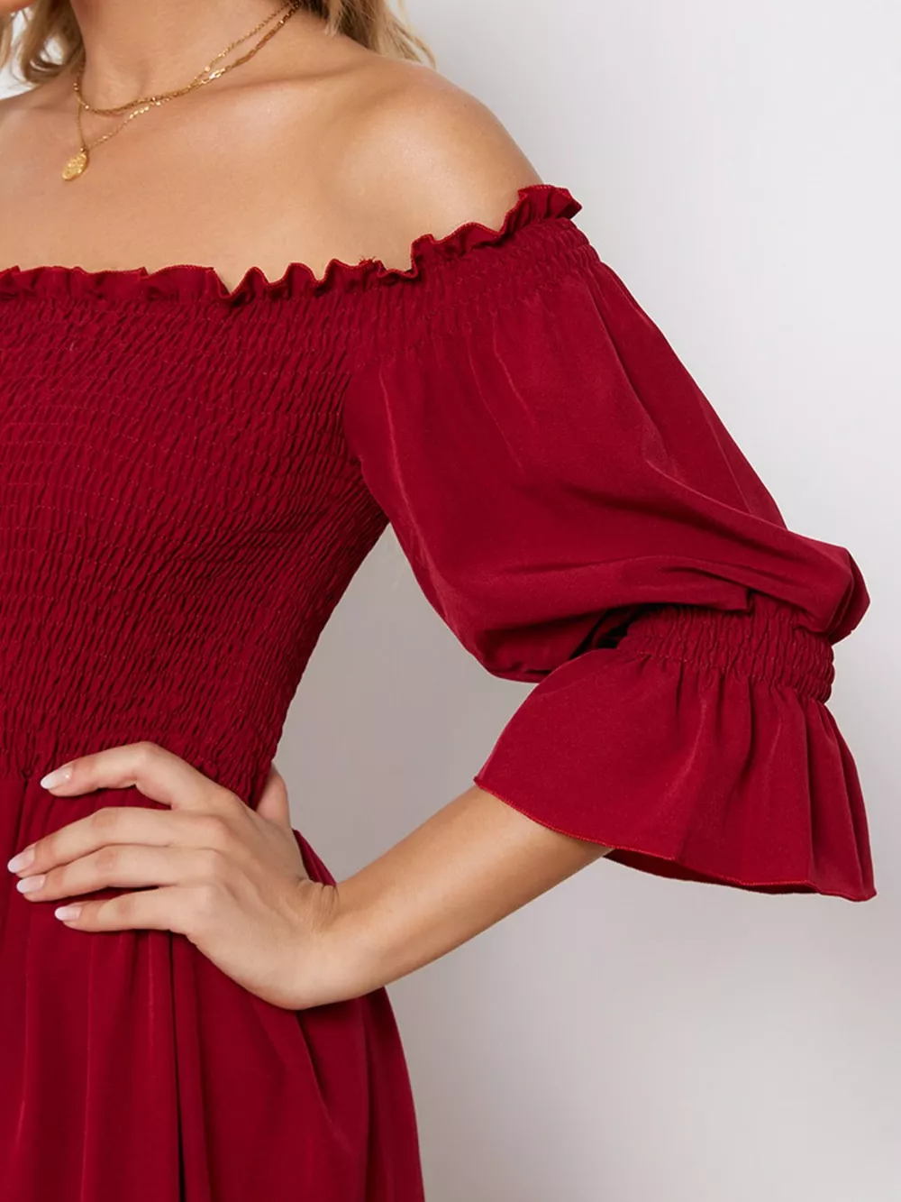 Smocked Off-Shoulder Ruffle Hem Midi Dress, image 6
