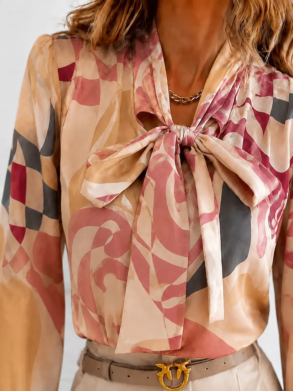 Printed Bow-Tie Neck Long Sleeve Blouse, image 4