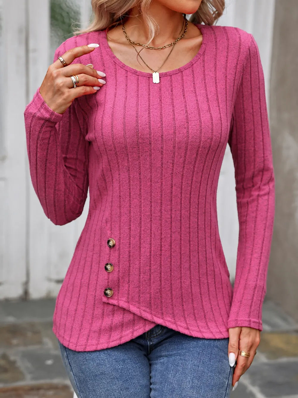 Decorative Button Round Neck Long Sleeve T-Shirt, image 10