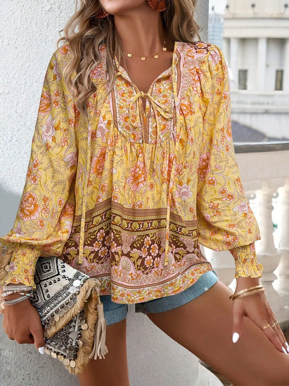 Floral Print Tie Neck Bohemian Blouse, image 15