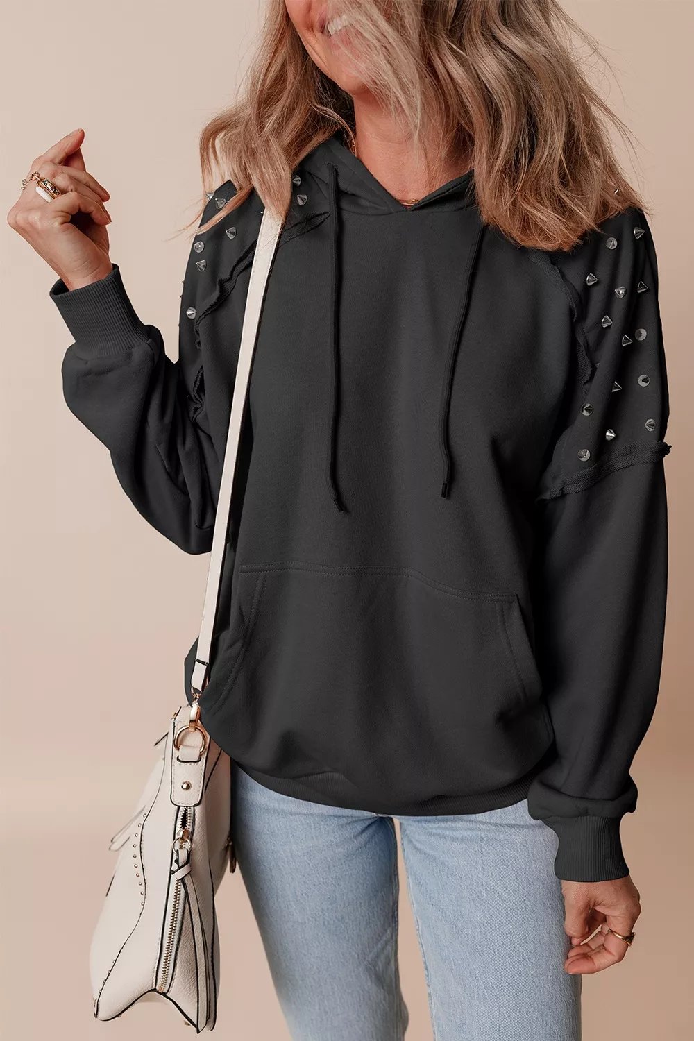 Drawstring Studded Long Sleeve Hoodie, image 5