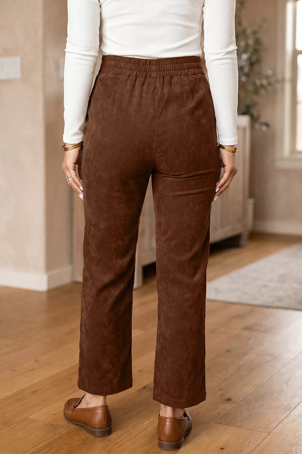 Elastic Waist Straight Leg Ankle Length Corduroy Pants, image 3