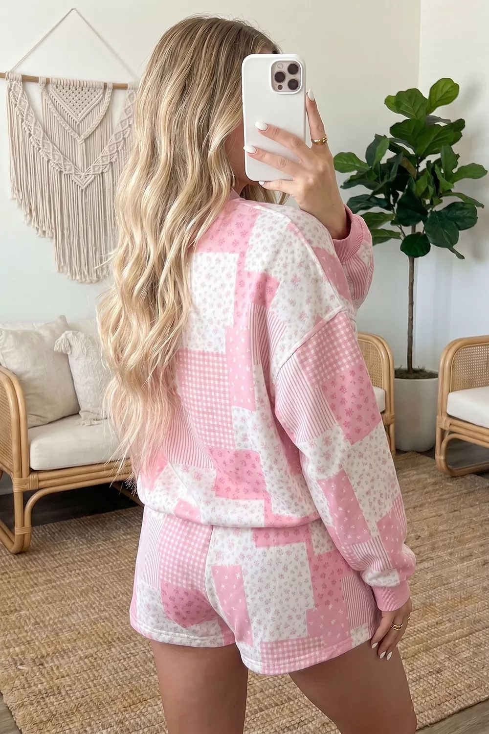 Patchwork Floral Print Drop Shoulder Baggy Pullover Drawstring Shorts Set, image 3