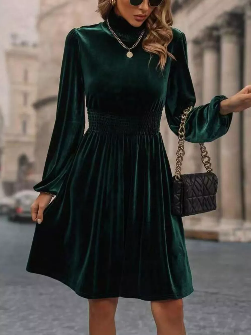 Velvet High Neck Long Sleeve A-Line Dress, image 8