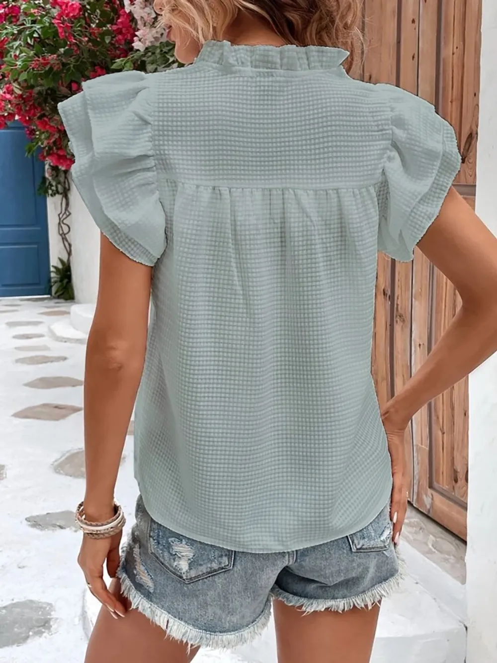 Ruffled Notched Cap Sleeve Blouse, image 14