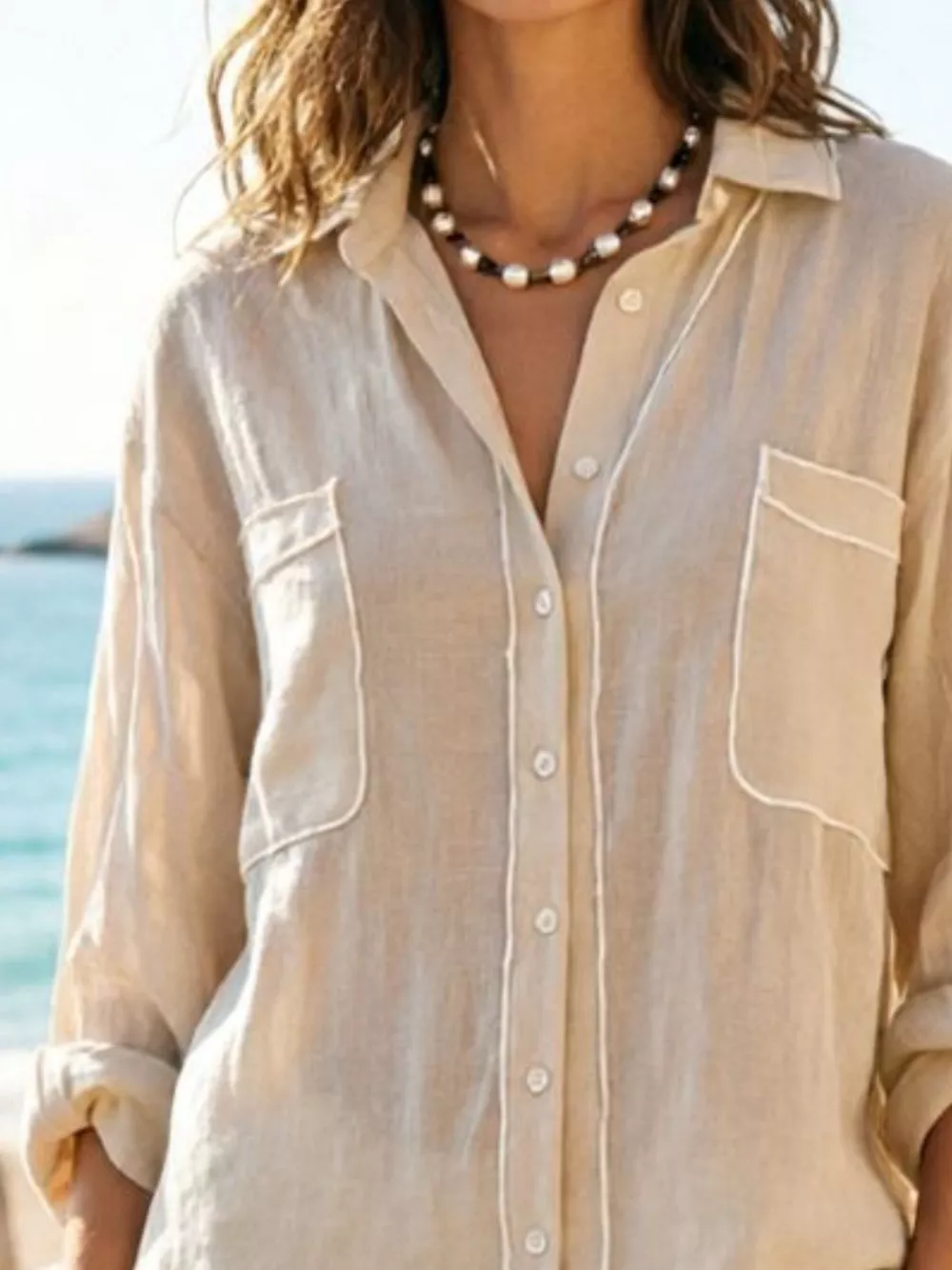 Contrast Trim Button Up Long Sleeve Shirt, image 5