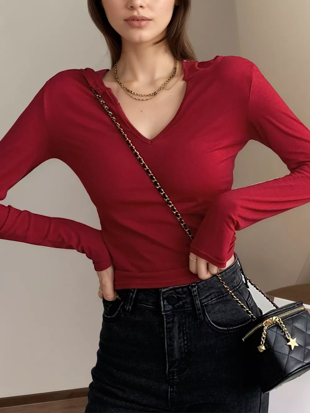 V-Neck Long Sleeve Slim Fit T-Shirt, image 3