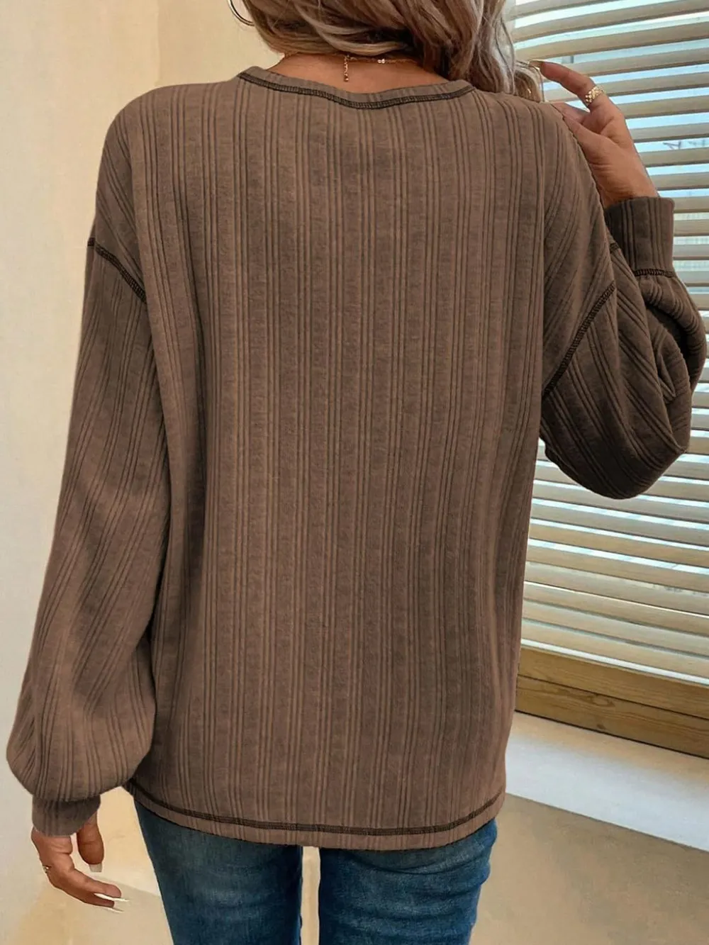 Contrast Stitching Round Neck Long Sleeve T-Shirt, image 6
