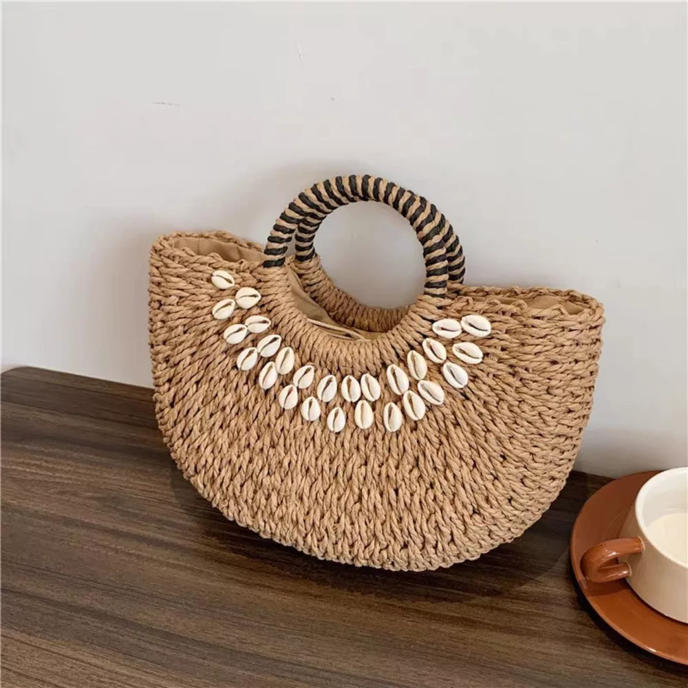 Seashell-Embellished Woven Straw Handbag, image 2
