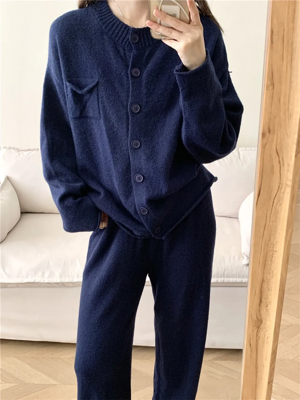 Pocketed Round Neck Button Up Cardigan and Pants Sweater Set, image 7