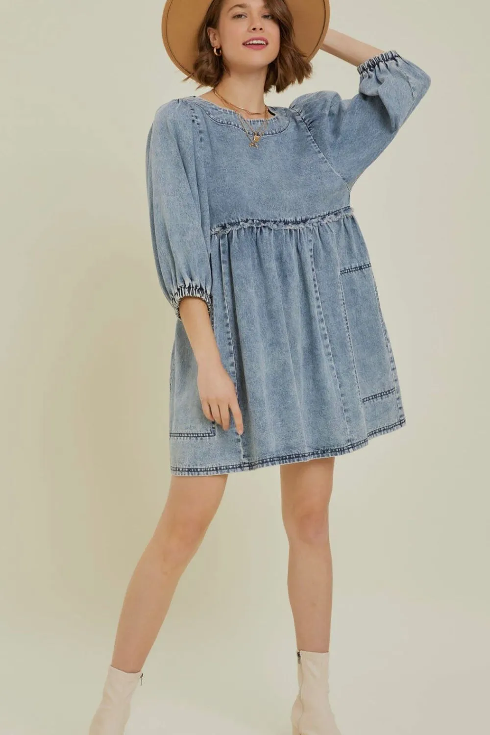Cutout Round Neck Balloon Sleeve Denim Dress, image 7
