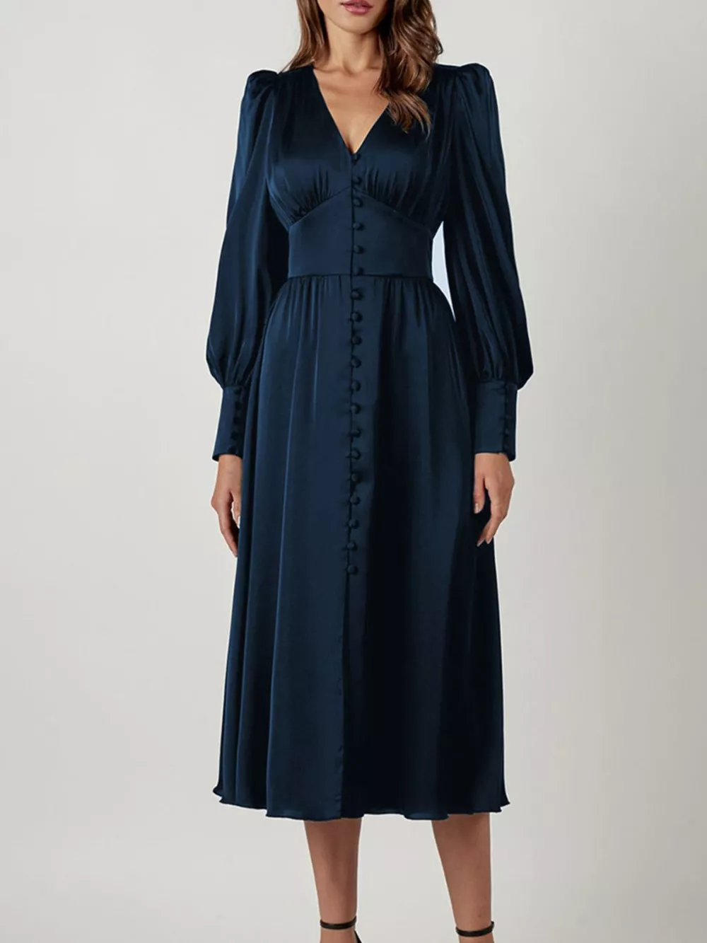 Elegant V-Neck Puff Sleeve Button-Down Midi Dress, image 21