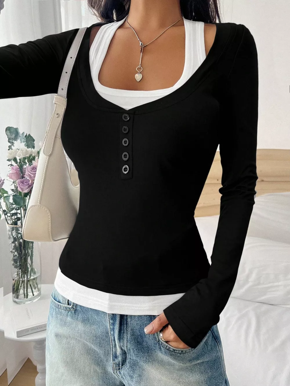 Contrast Long Sleeve Fake Two-Piece T-Shirt, image 10