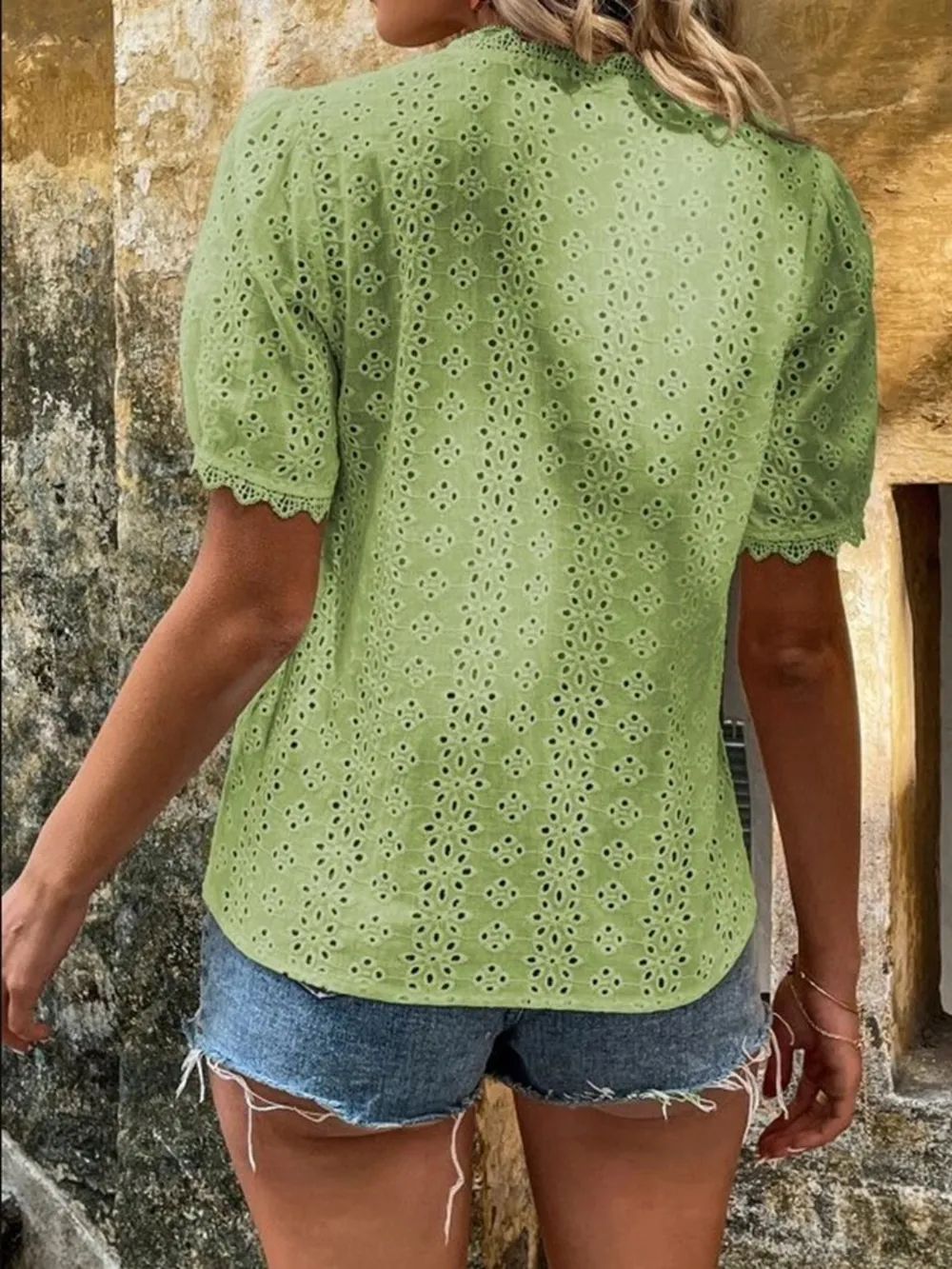 Full Size Lace Detail Eyelet V-Neck Short Sleeve Blouse Plus Size, image 17