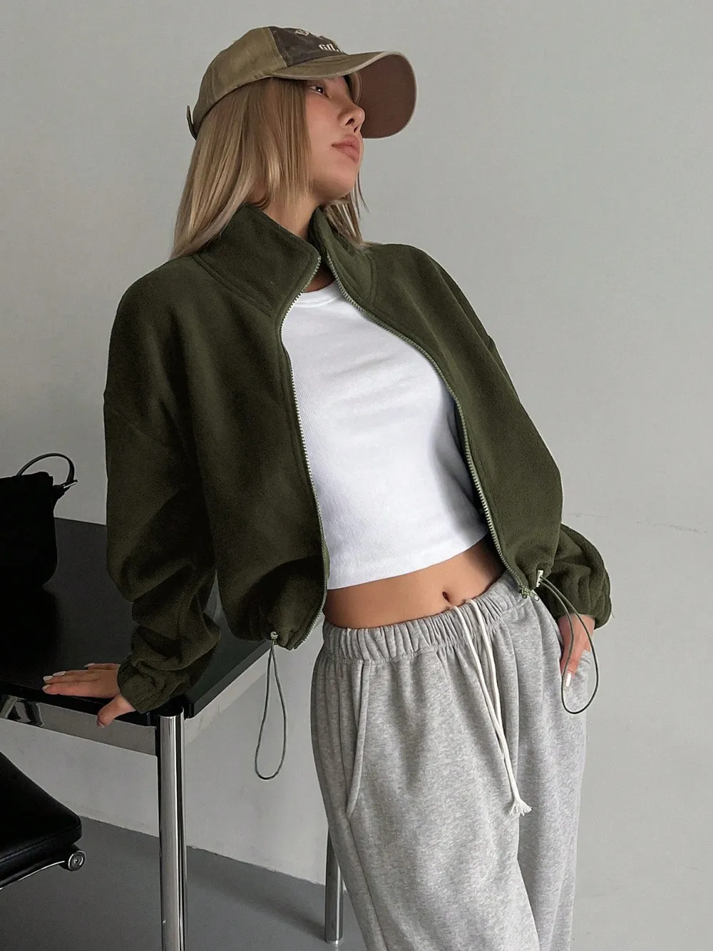 Zip Up Long Sleeve Cropped Jacket, image 2