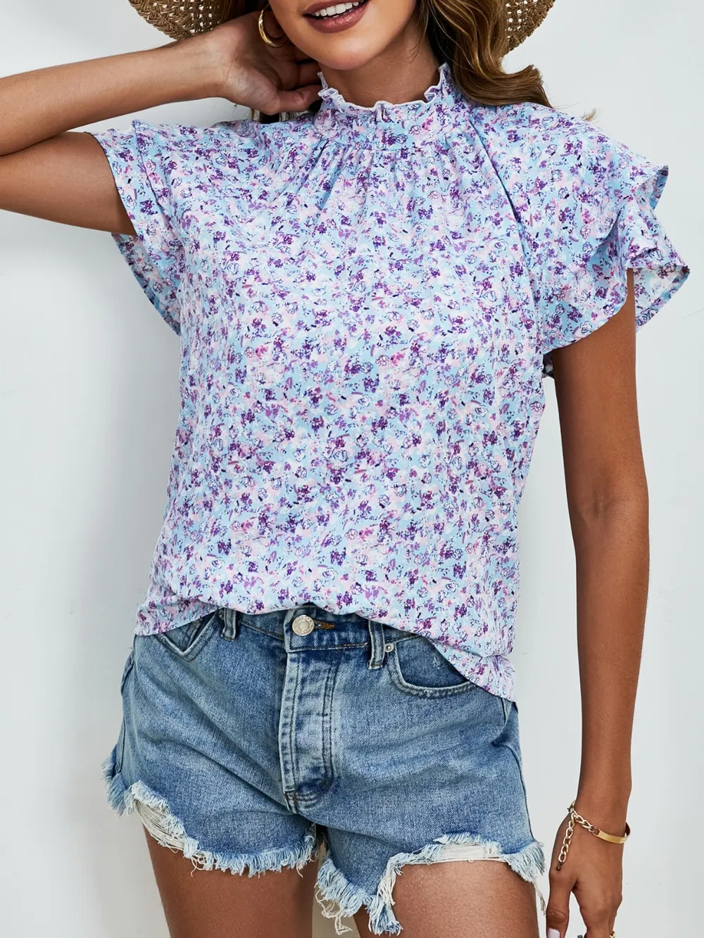 Ditsy Floral Mock Neck Flounce Sleeve Blouse, image 3