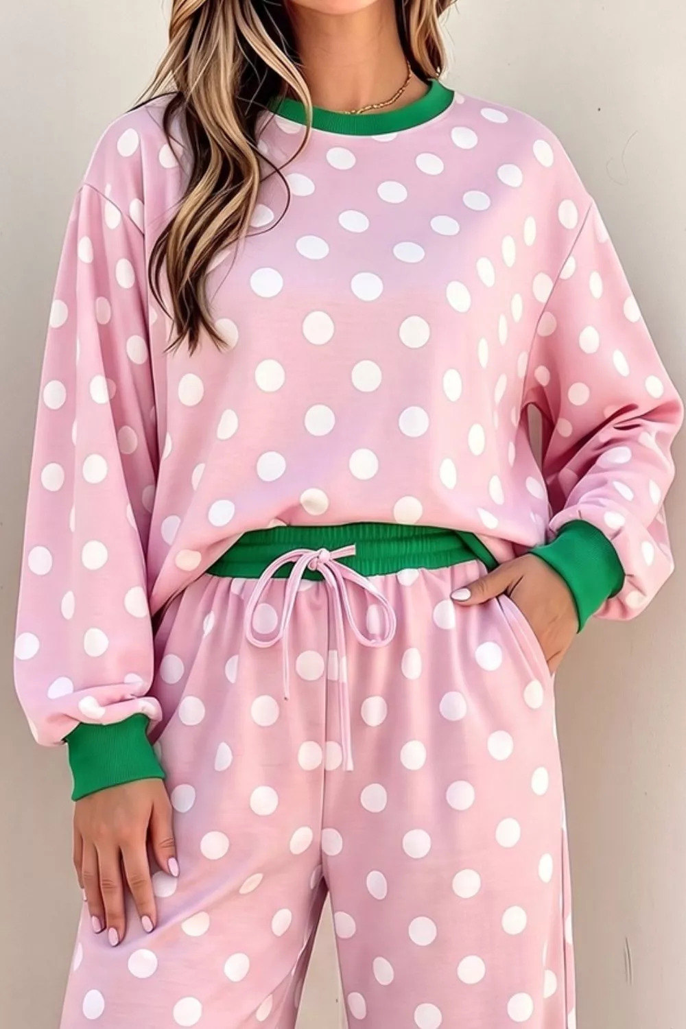 Polka Dot Long Sleeve Top and Wide Leg Pants Set, image 3