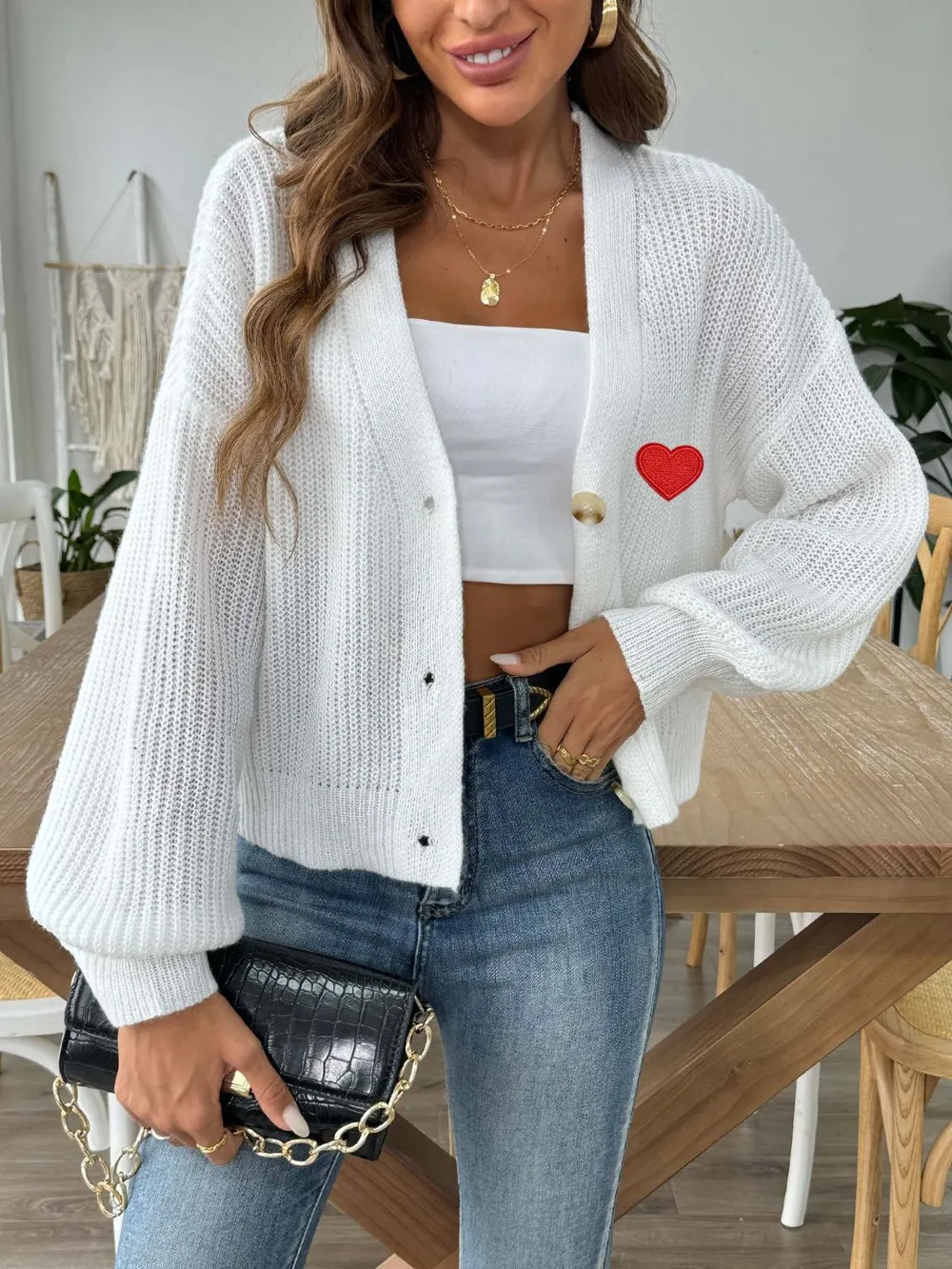 Heart Button Down V-Neck Long Sleeve Cardigan, image 8