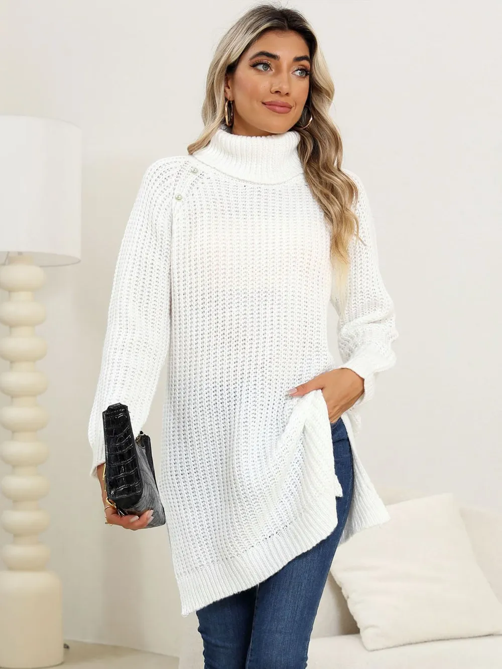 Slit Turtleneck Long Sleeve Sweater, image 6