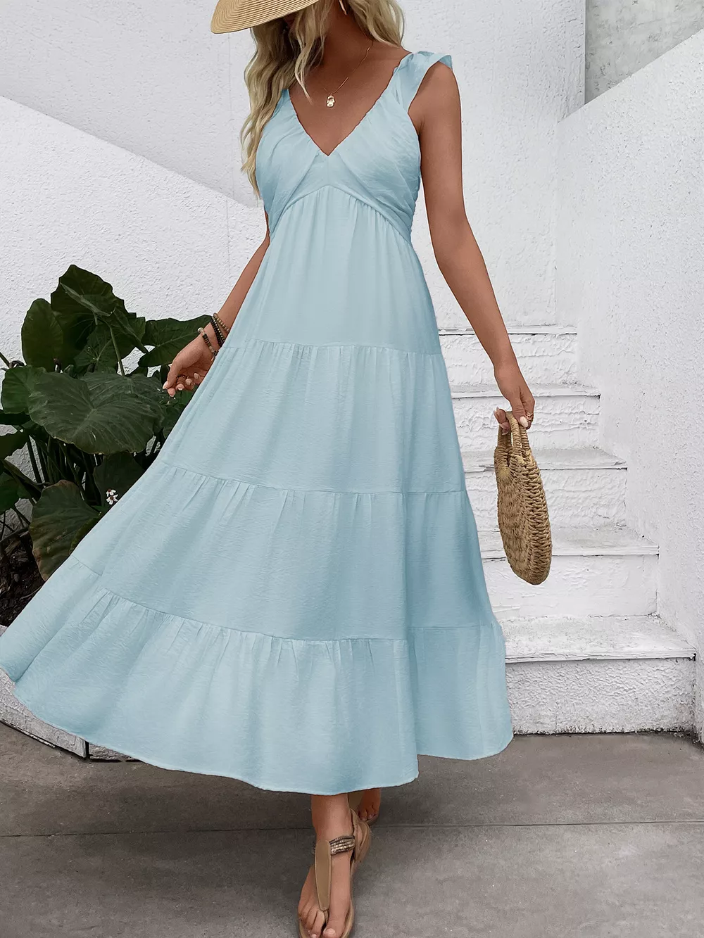V-Neck Tiered Dress with Flutter Sleeves, image 5