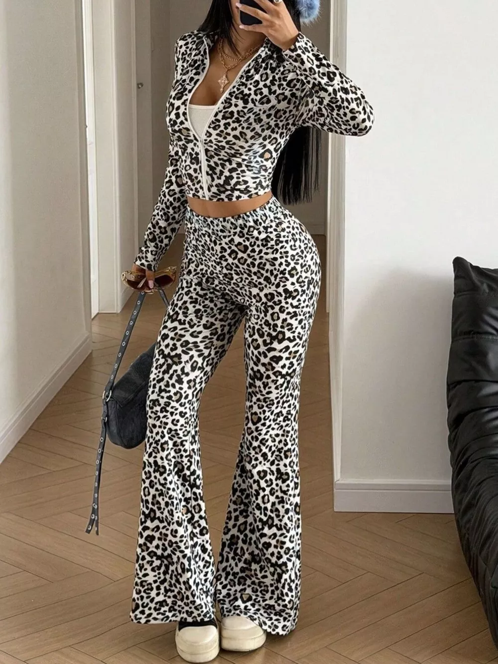 Leopard Print Zip-Up Crop Top and Flared Pants Two-Piece Set, image 4