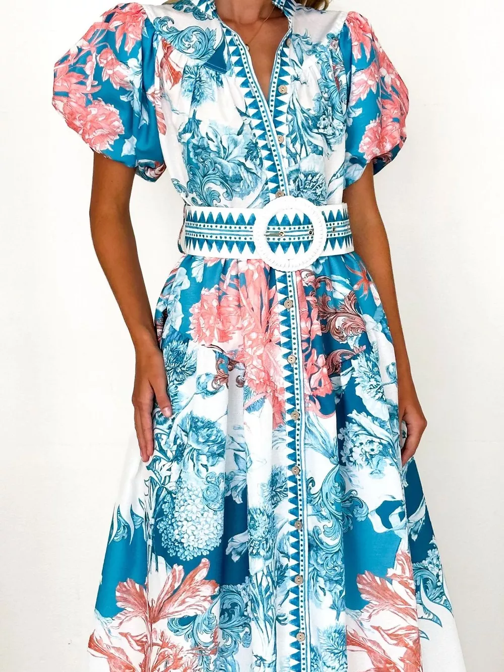 Printed Puff Sleeve Midi Dress, image 3