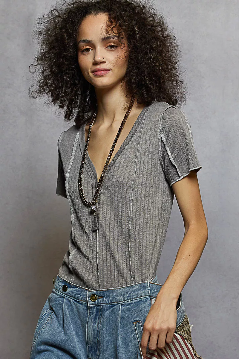 V-Neck Short Sleeve Top with Stitch Seam Detail, image 7