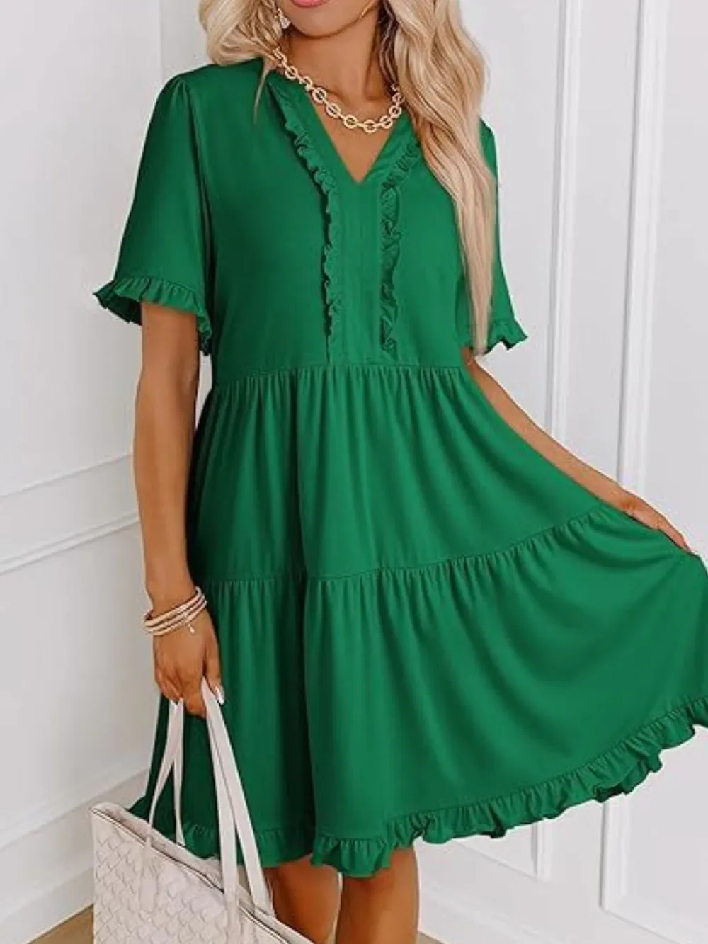 Tiered Notched Short Sleeve Mini Dress, image 16