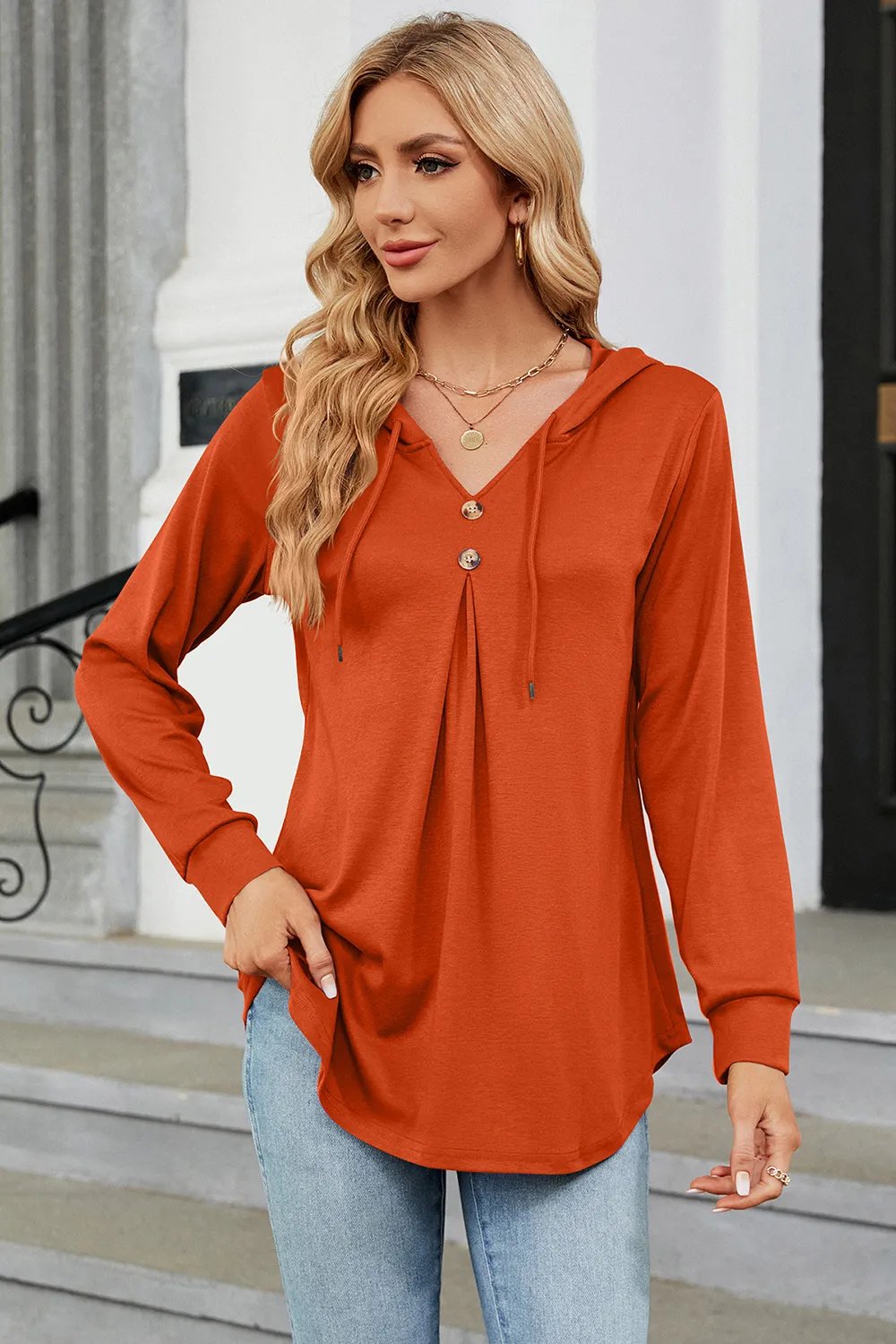 Decorative Button Drawstring Long Sleeve Hoodie, image 2