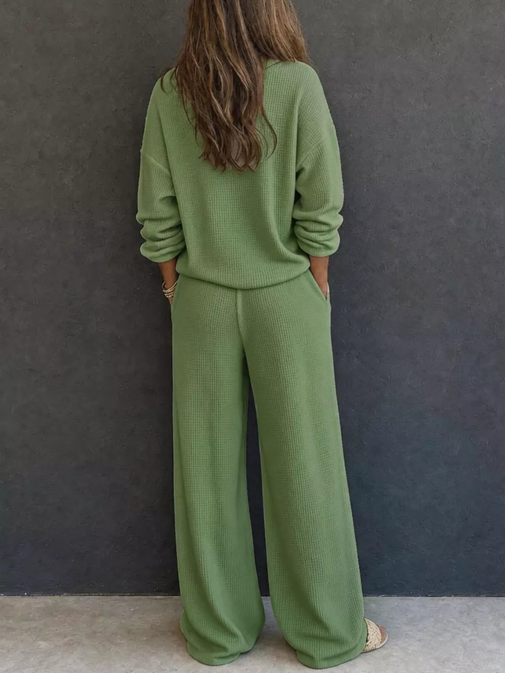 Waffle Knit Button Detail Top and Pants Set, image 12