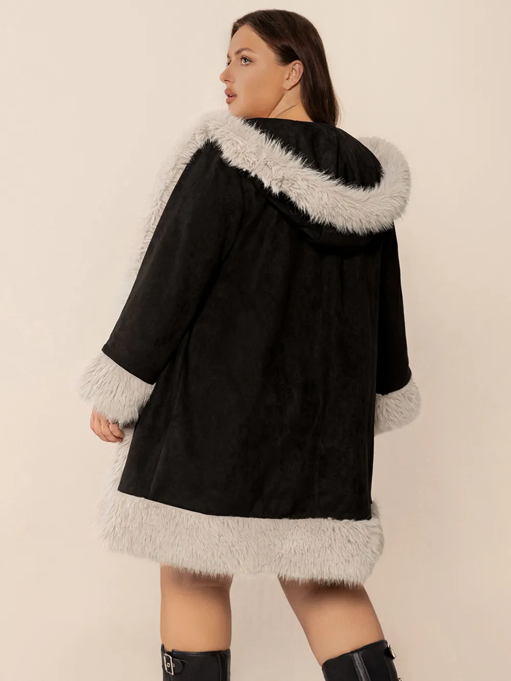 Plus Size Fuzzy Trim Open Front Long Sleeve Hooded Coat, image 9
