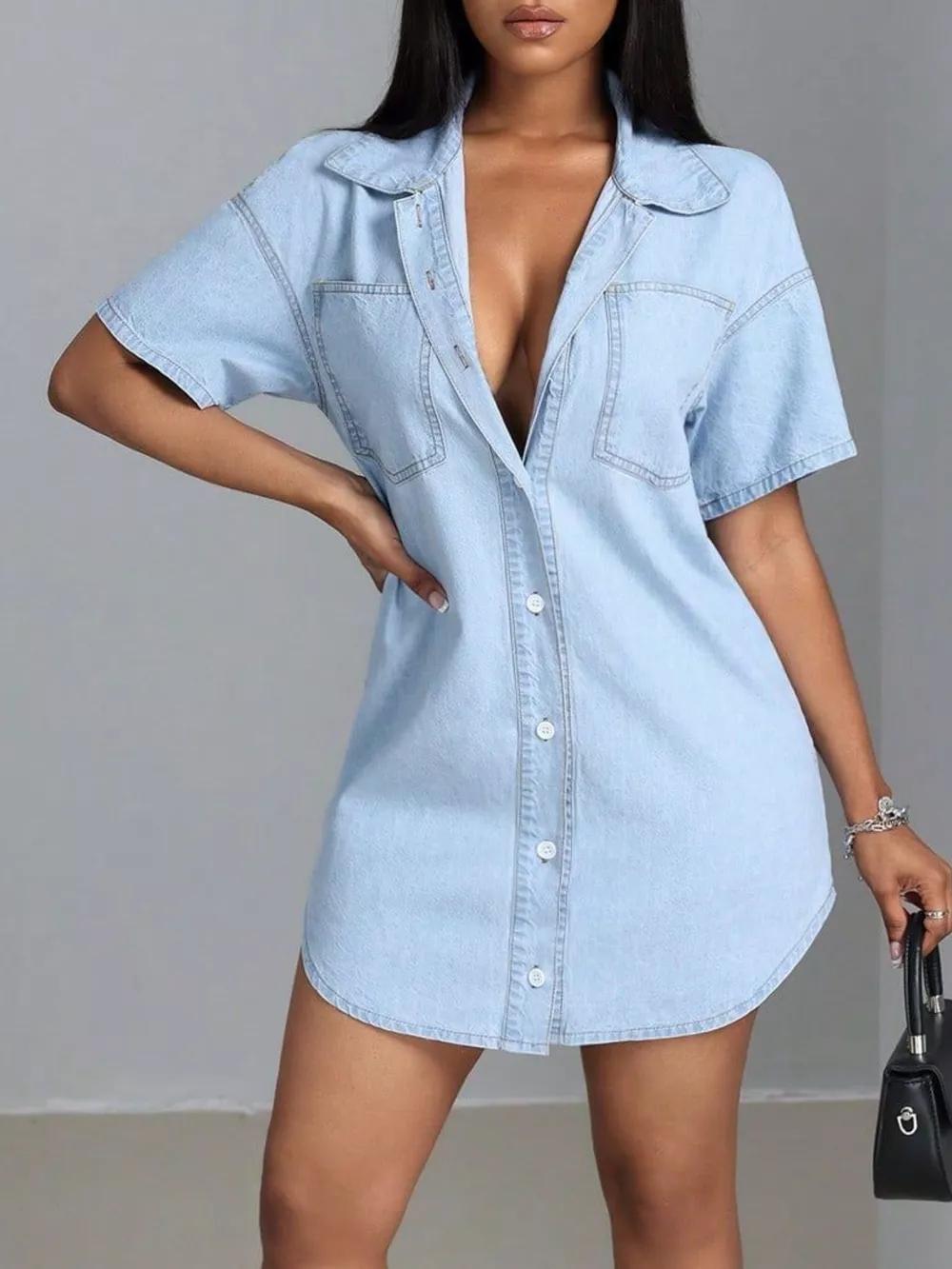 Button-Down Short Sleeve Denim Dress, image 3