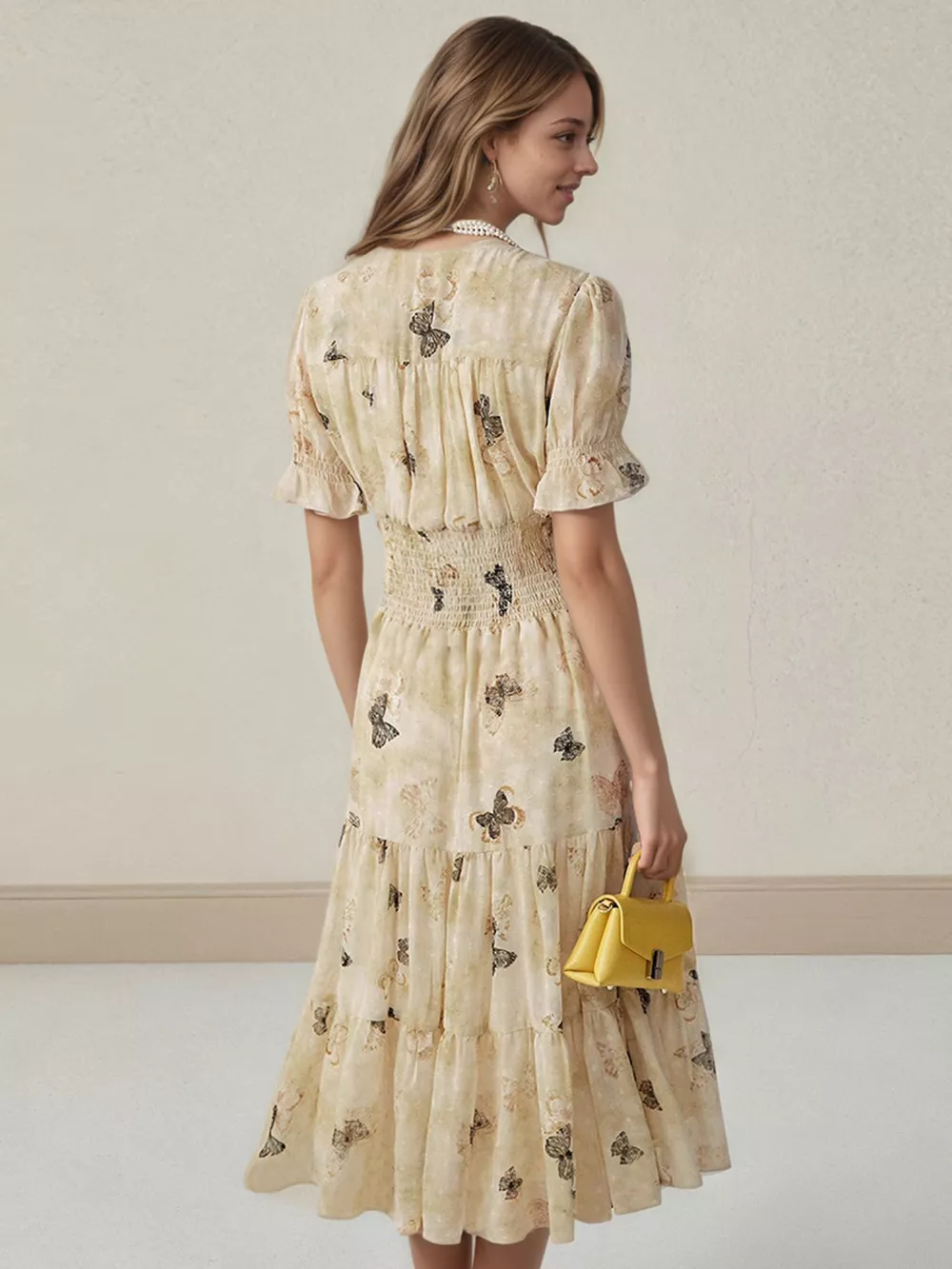 Butterfly Print Smocked Waist Tiered Midi Dress, image 3