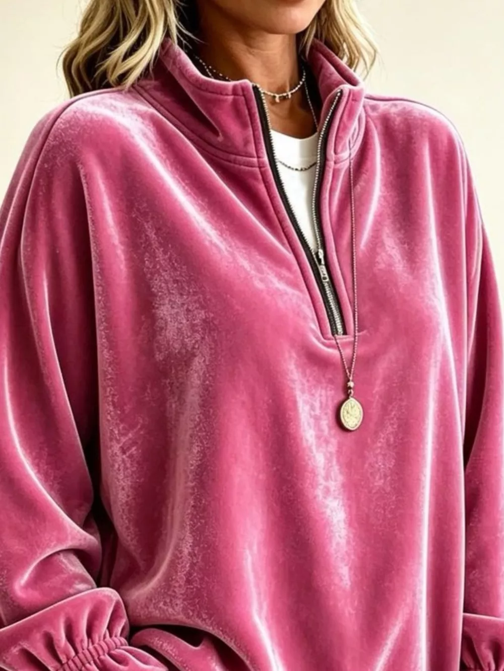 Velvet Quarter-Zip Sweatshirt with Ruffled Cuffs, image 8