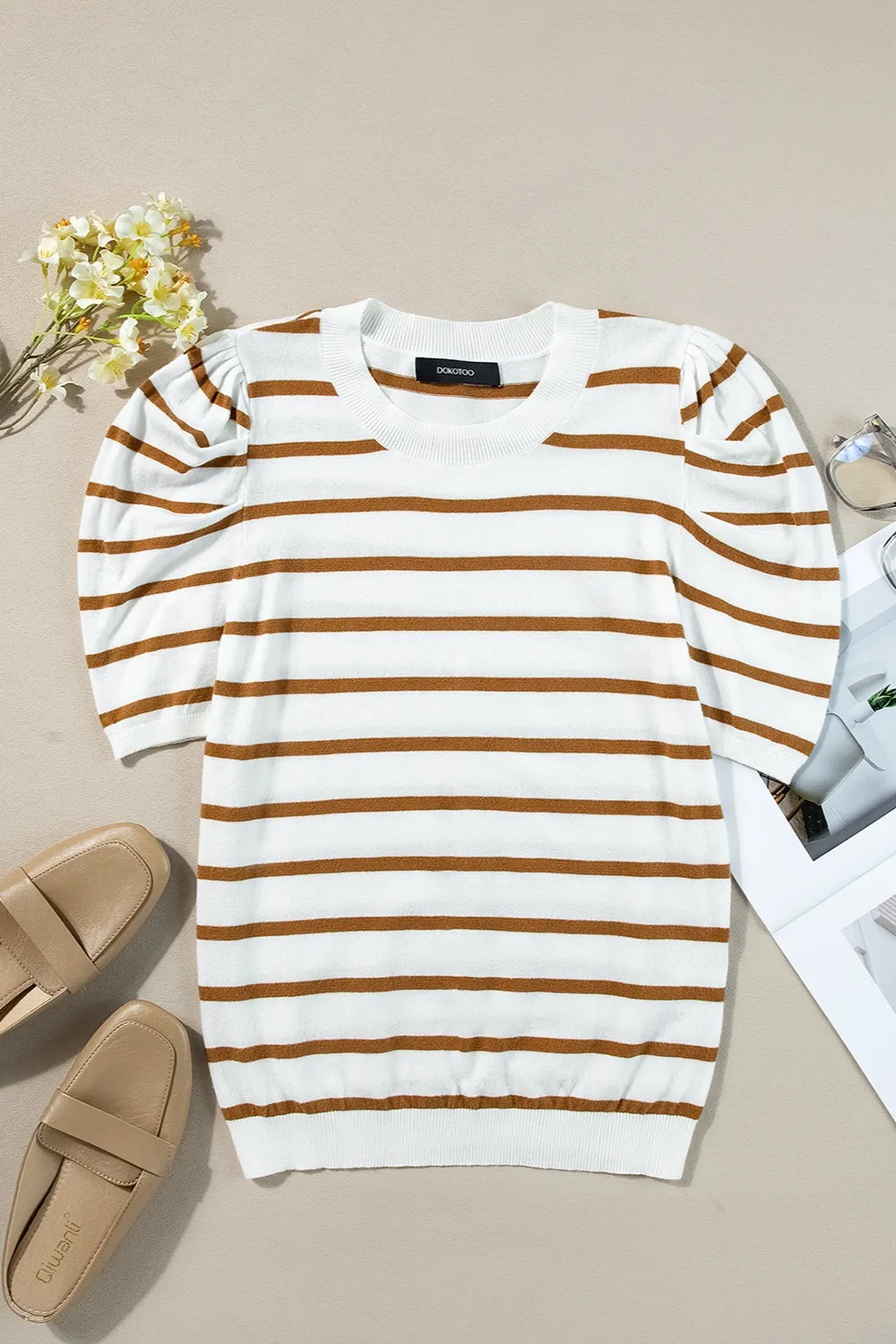 Striped Round Neck Puff Sleeve Knit Top, image 16