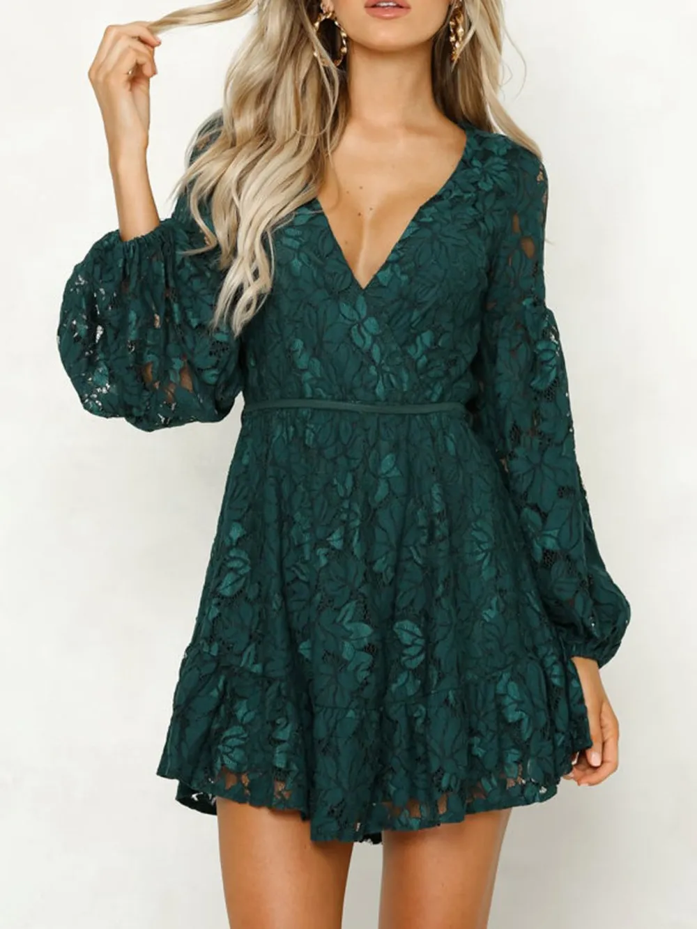 Lace V-Neck Long Sleeve Mini Dress, image 10