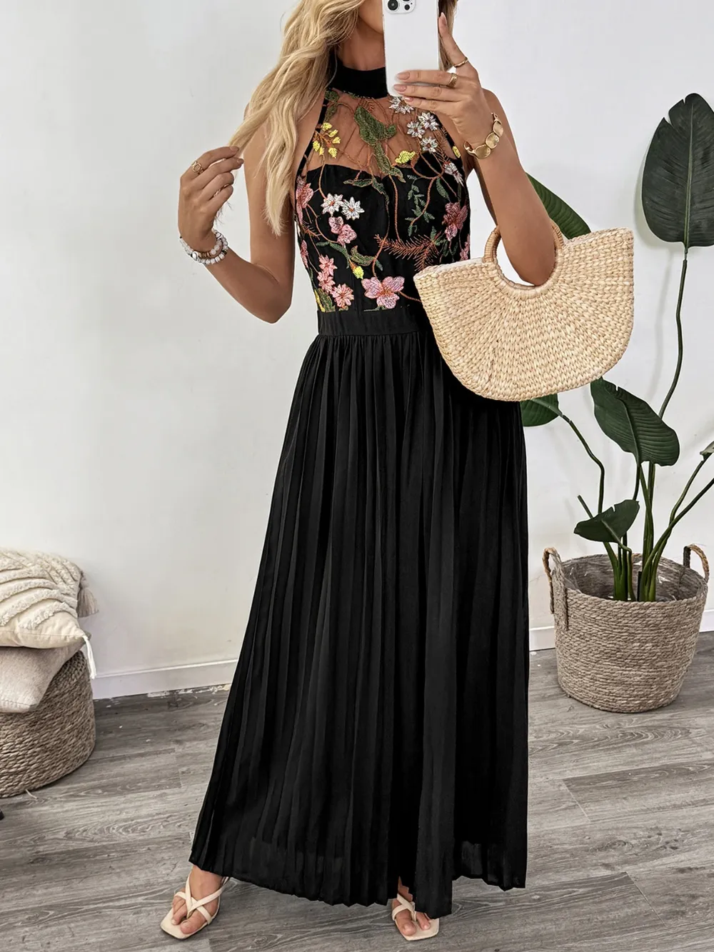 Floral Embroidered Halter Neck Pleated Jumpsuit, image 7