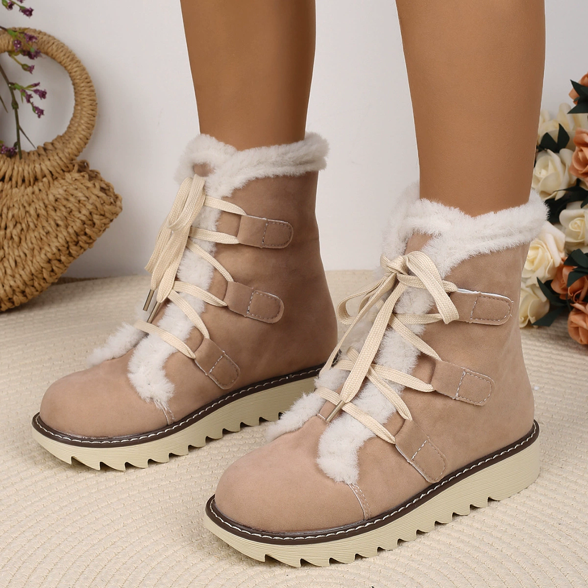 Fuzzy Trim Lace-Up Boots, image 12