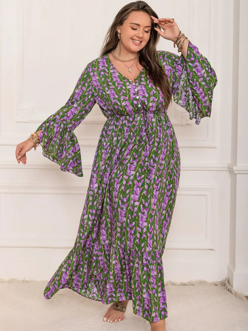 Plus Size Printed V-Neck Long Sleeve Maxi Dress, image 8