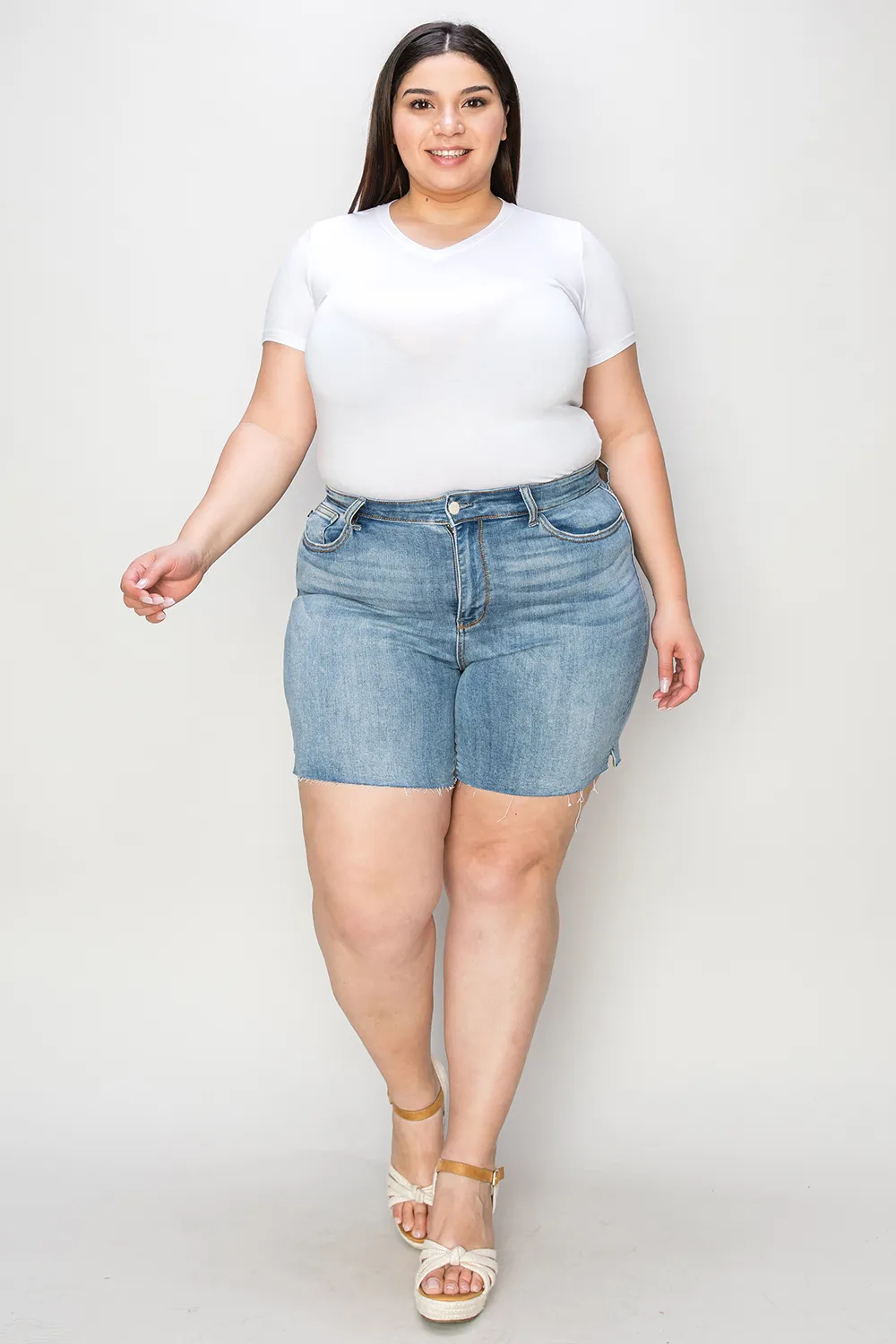 Full Size High Waist Raw Hem Denim Shorts, image 17