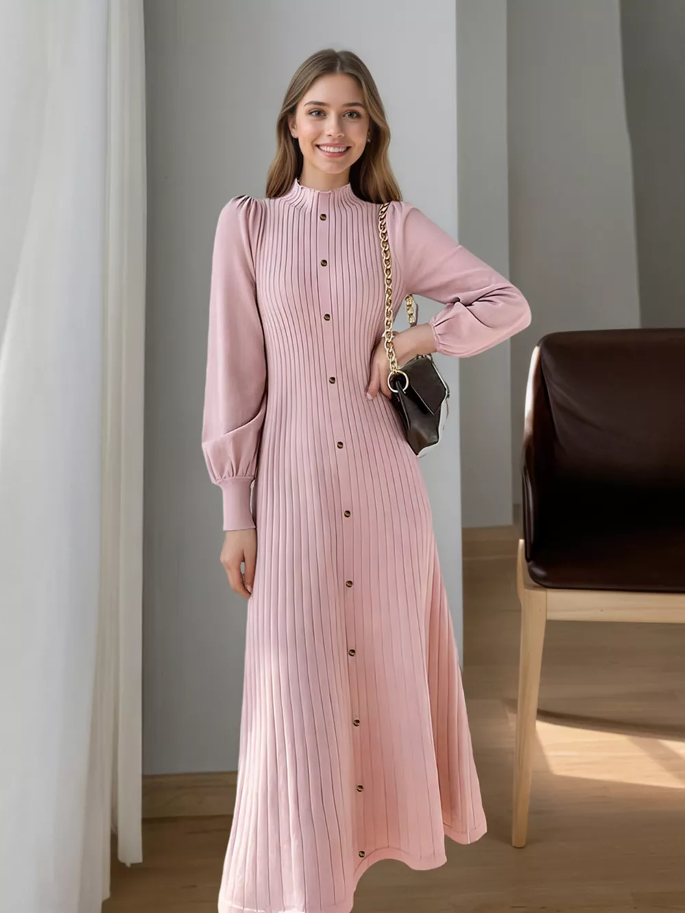 Ribbed Knit Mock Neck Midi Dress, image 10
