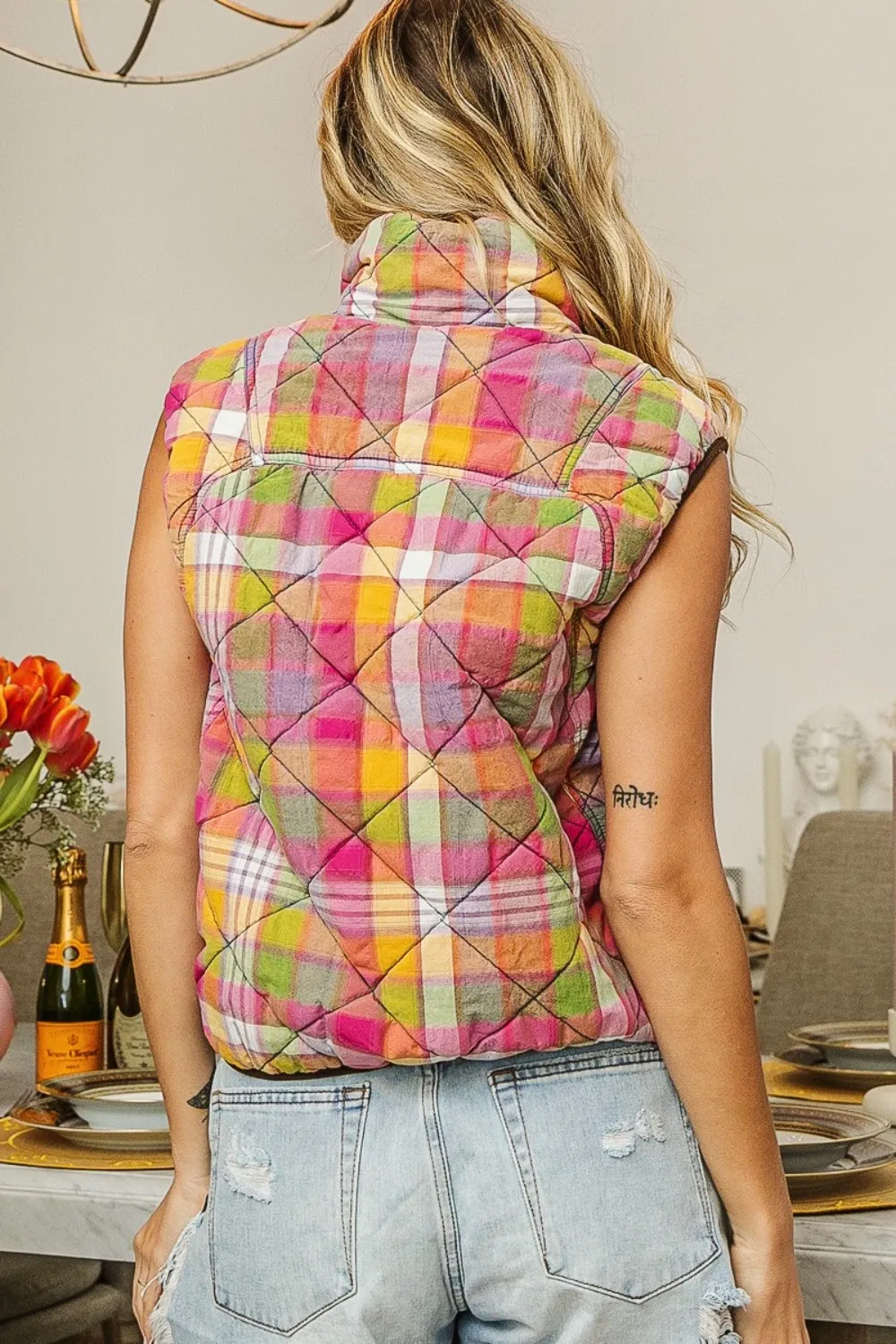 Quilted Washed Plaid Snap Down Vest, image 2