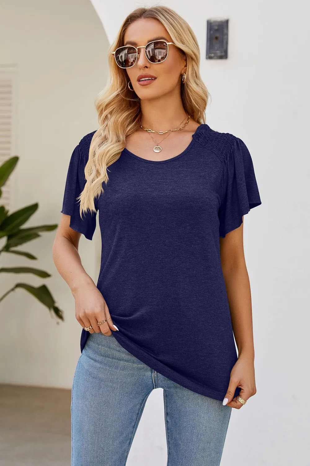 Smocked Round Neck Flutter Sleeve T-Shirt, image 19