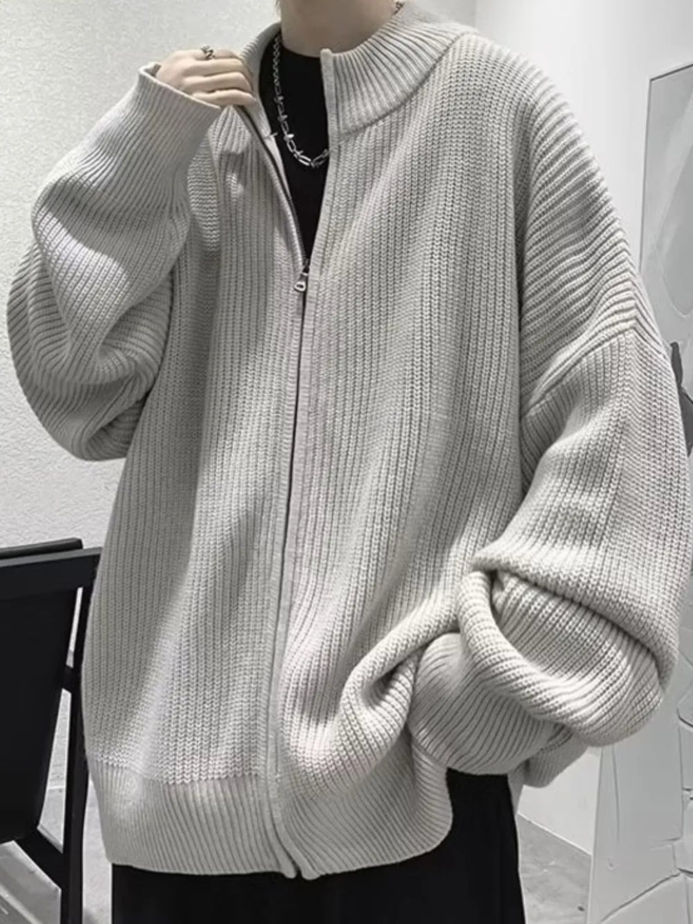 Men's Oversized Ribbed Zip-Up Sweater Cardigan, image 6