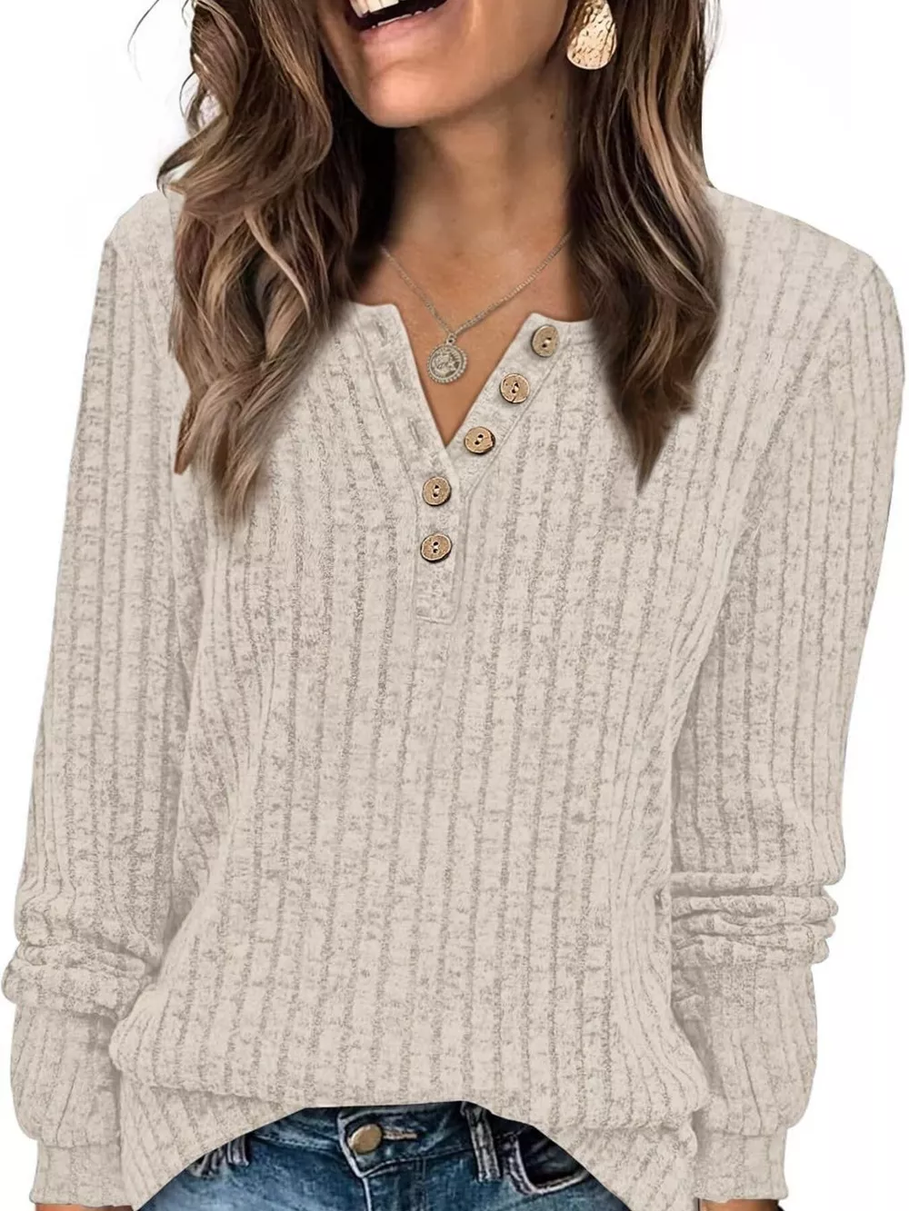Ribbed Knit Button-Front Long Sleeve T-Shirt, image 25