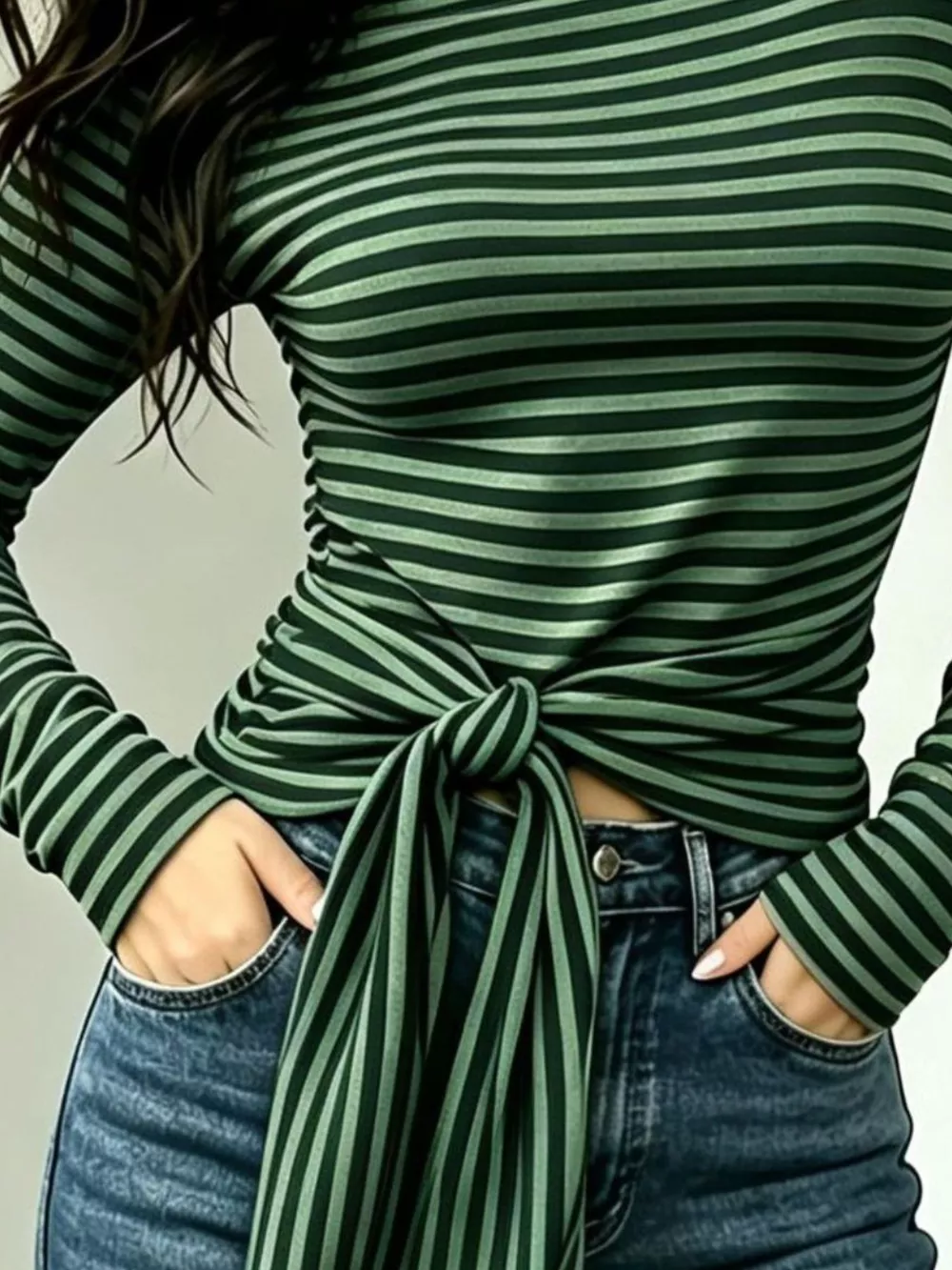 Long Sleeve Striped T-Shirt with Front Tie Detail, image 11